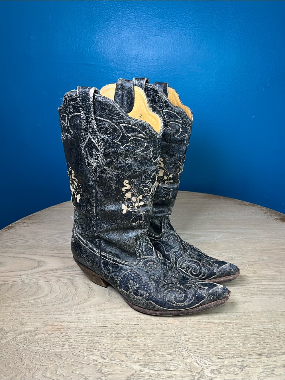Corral Vintage Women's 10 Black Lizard Inlay Cowboy Boots C2108 Leather Snip Toe